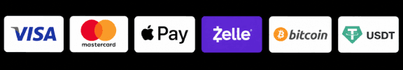 Accepted payment methods — Visa, Mastercard, Apple Pay, Zelle, Bitcoin, USDT