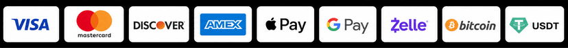 Accepted payment methods — Visa, Mastercard, Apple Pay, Zelle, Bitcoin, USDT