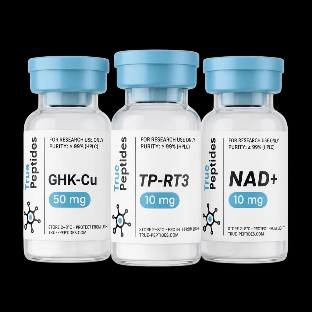 True Peptides research vials — GHK-Cu, TP-RT3, NAD+