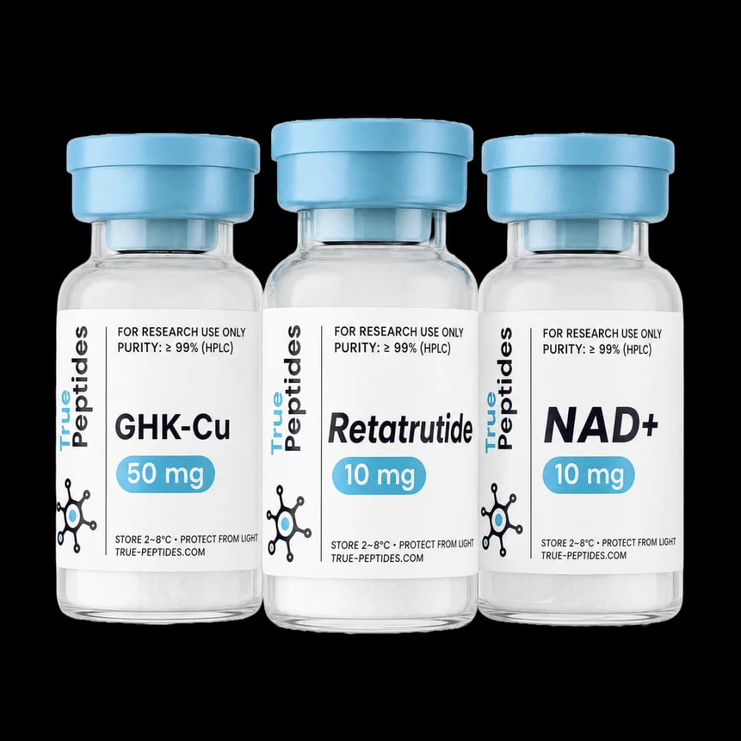 True Peptides research vials — BPC-157, Retatrutide, NAD+