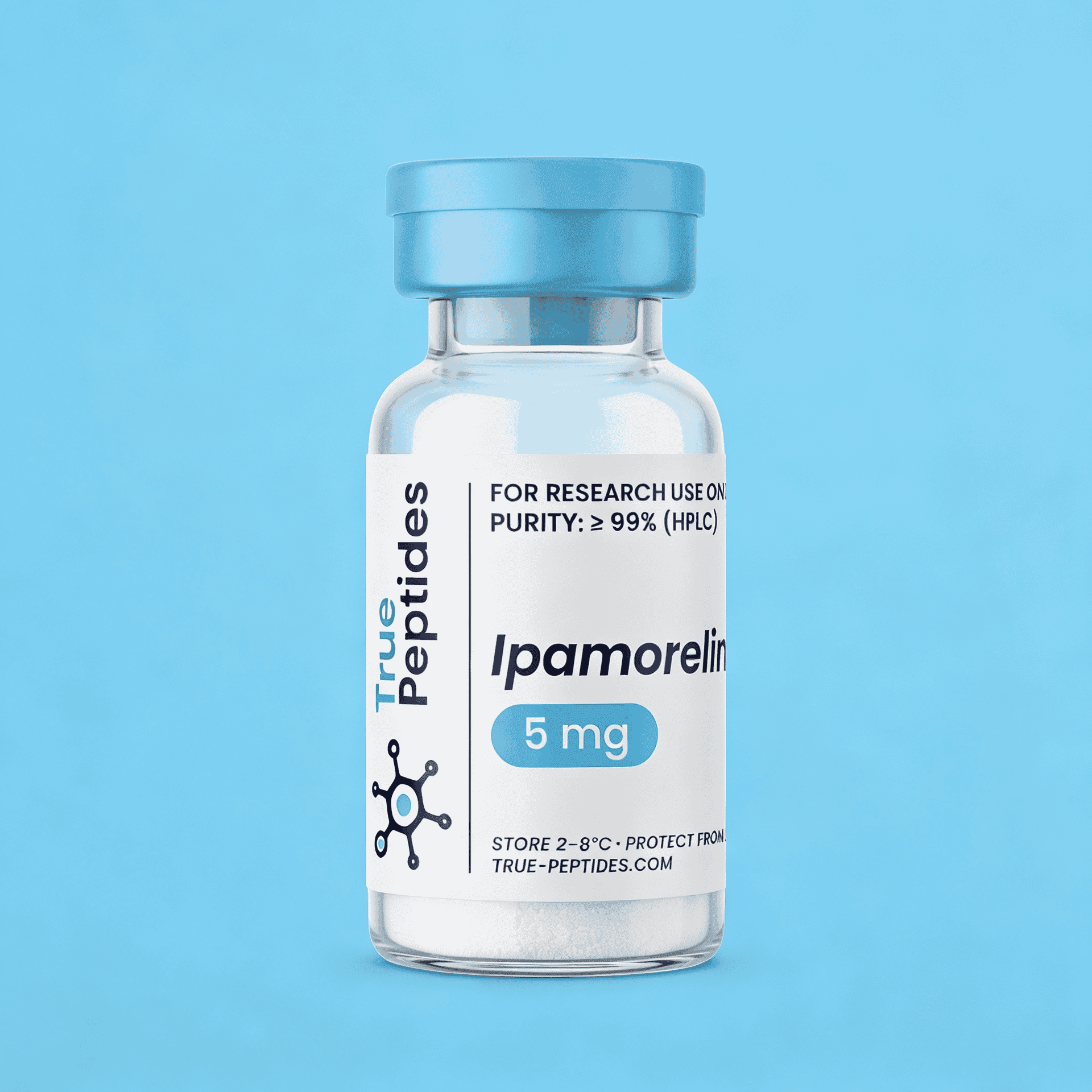 Ipamorelin peptide bottle for research, 5 mg, high purity, stored at 2-8°C.