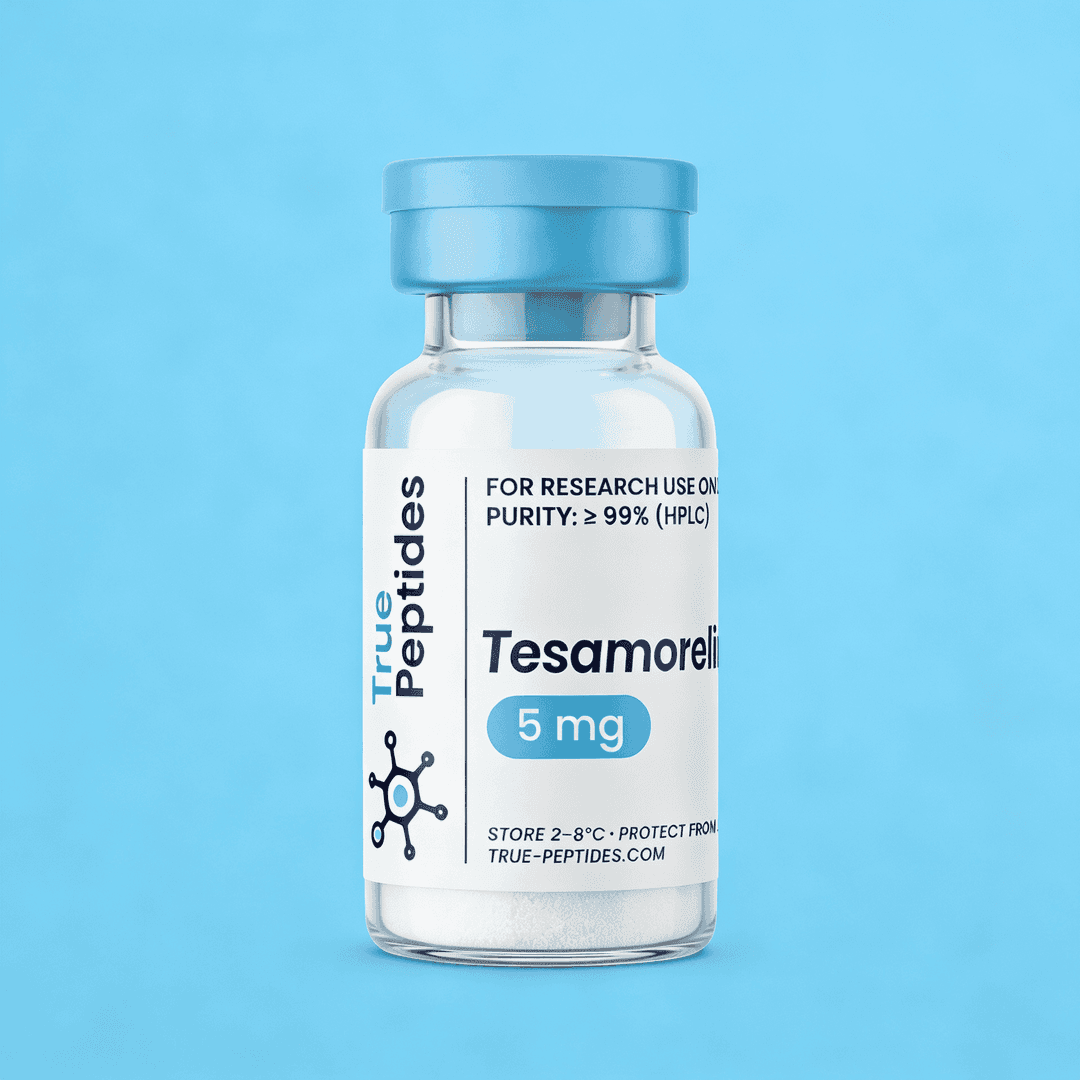 Laboratory bottle of Tesamorelin peptide for research, 5mg, high purity.