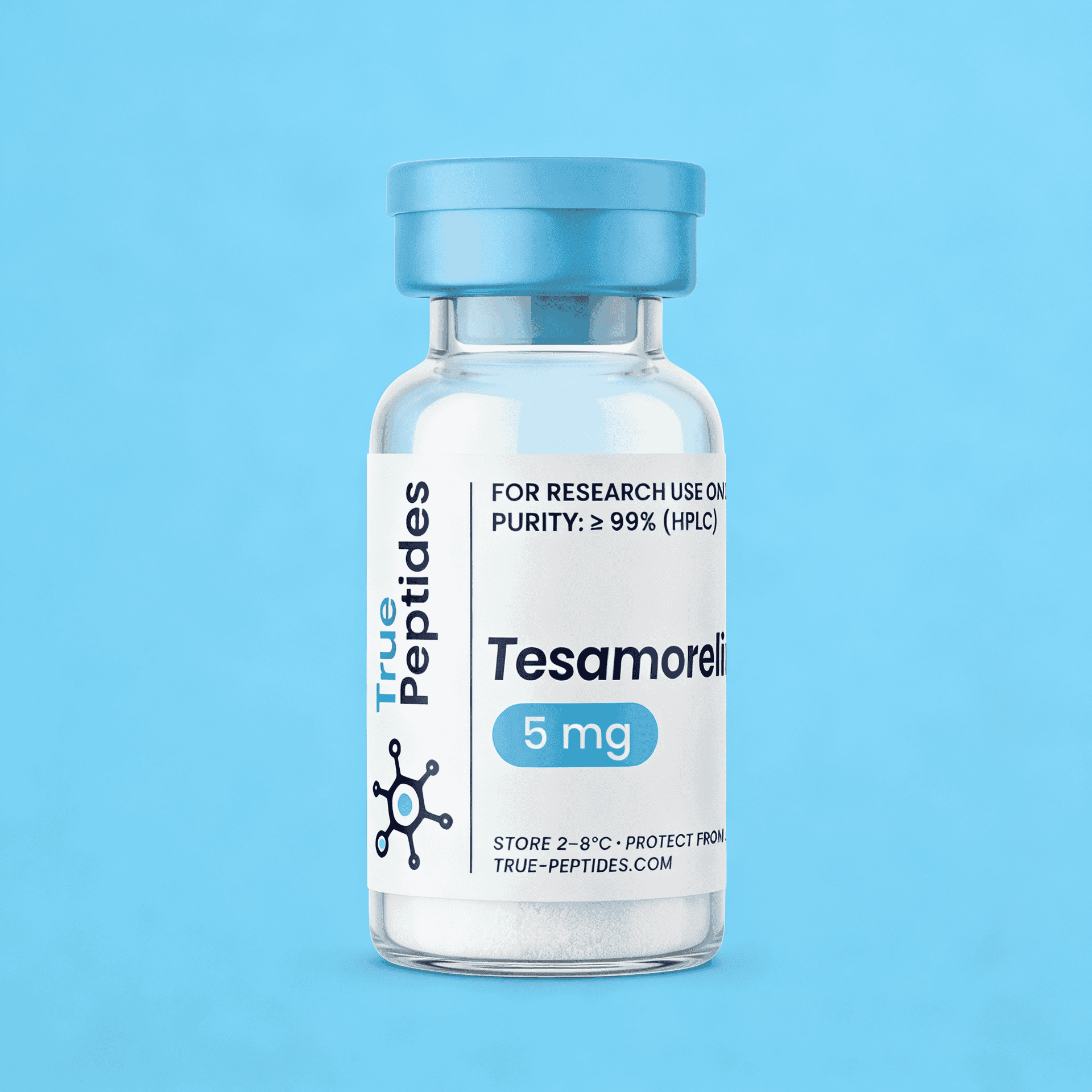 Laboratory bottle of Tesamorelin peptide for research, 5mg, high purity.