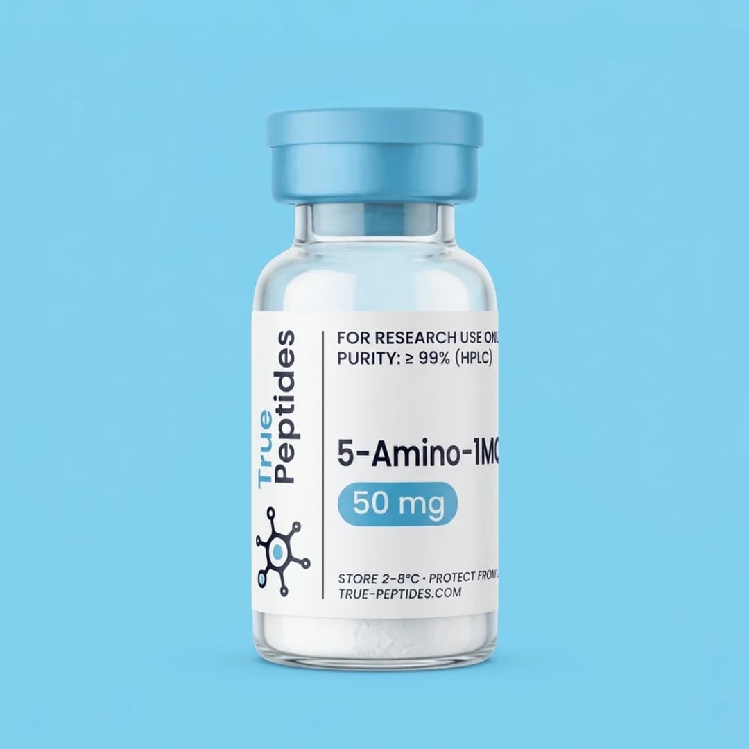 Laboratory vial of 5-Amino-1MQ for research, 50mg, high purity.