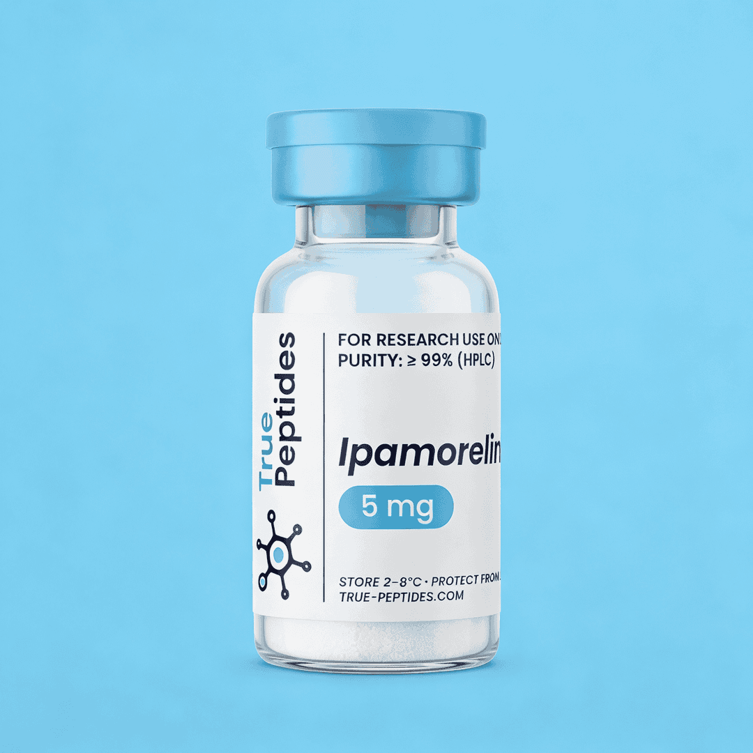 Ipamorelin peptide bottle for research, 5 mg, high purity, stored at 2-8°C.
