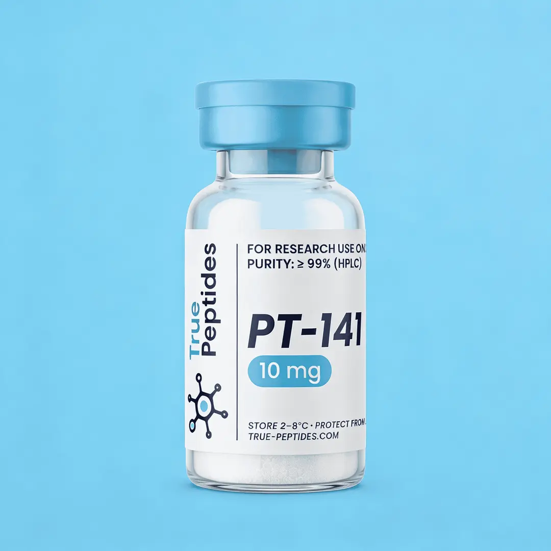 Research peptide PT-141 10mg for scientific studies, high purity, stored at 2-8°C, ideal for peptide.