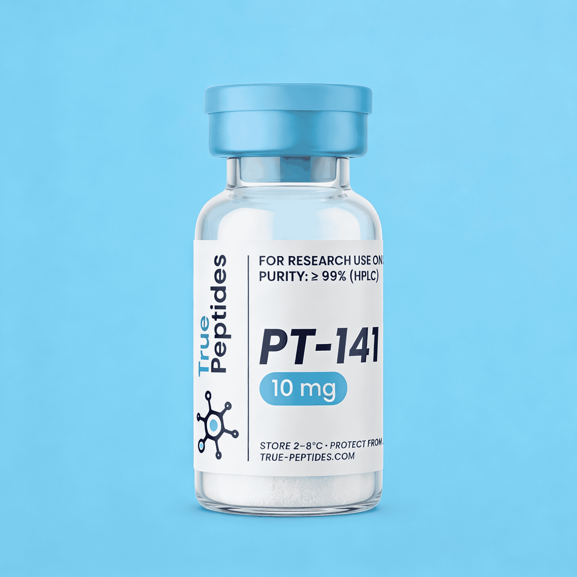 Research peptide PT-141 10mg for scientific studies, high purity, stored at 2-8°C, ideal for peptide.