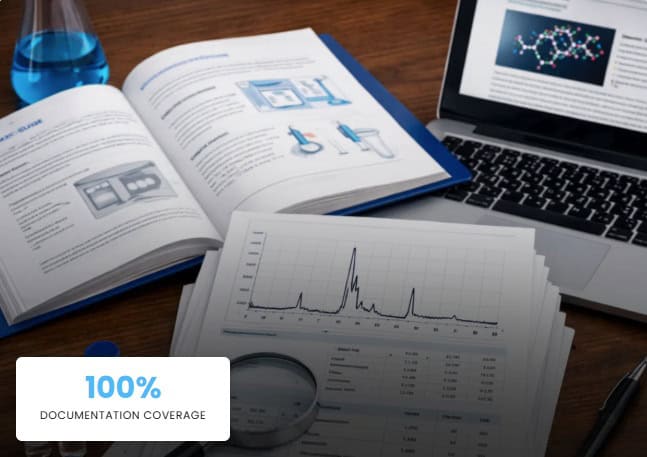 Laboratory research with scientific documents, charts, and a laptop for peptide analysis and quality.