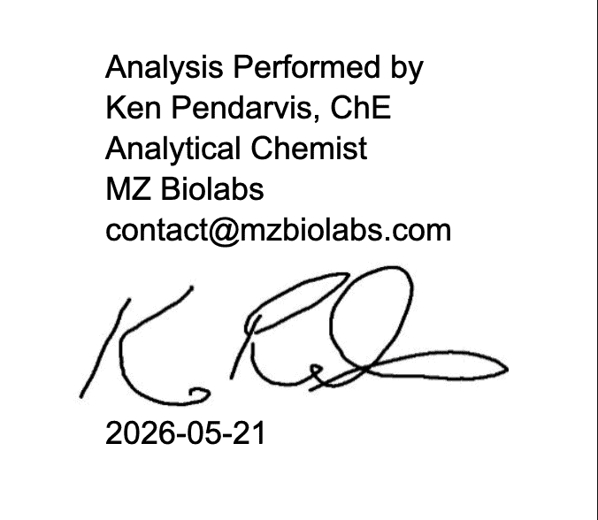 Analysis report by Ken Pendarvis, Che, for True Peptides, MZ Biolabs, dated 2026-05-21.